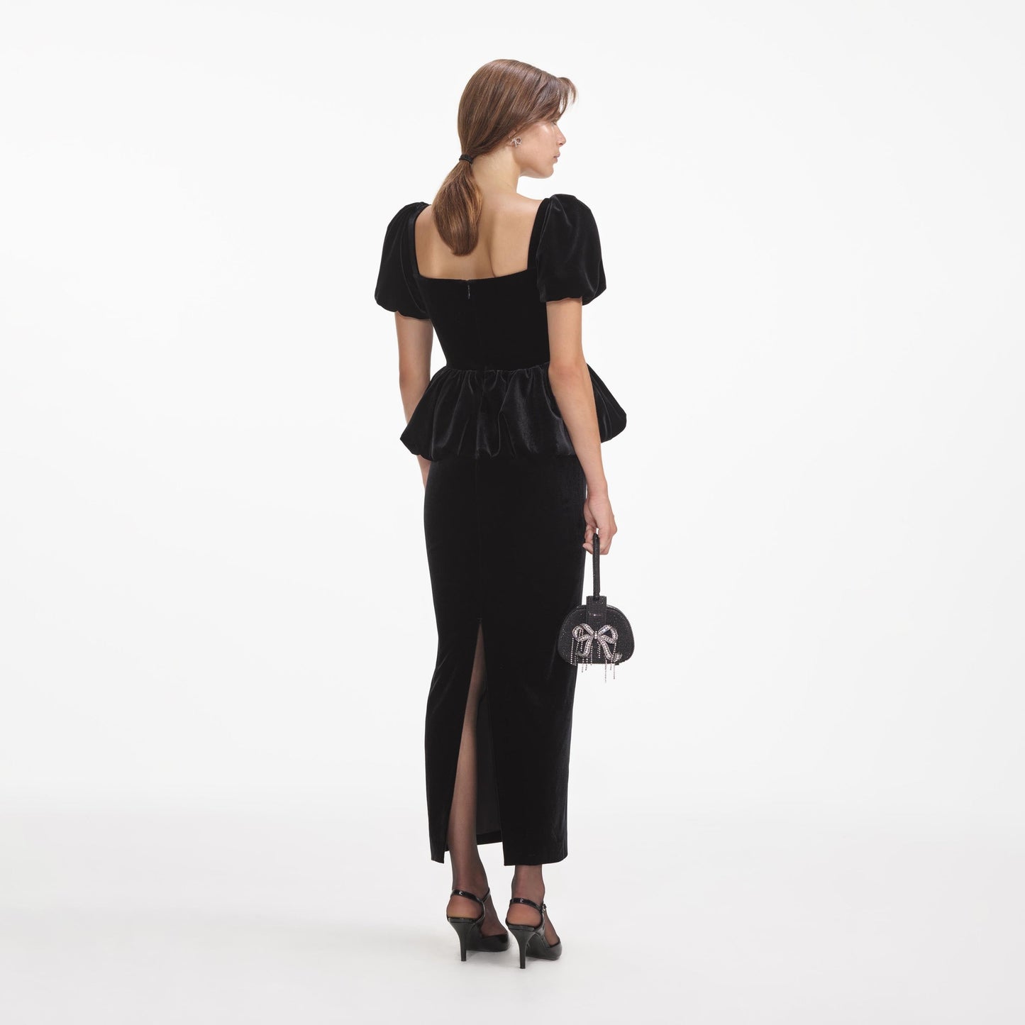 BLACK VELVET PEPLUM MIDI DRESS