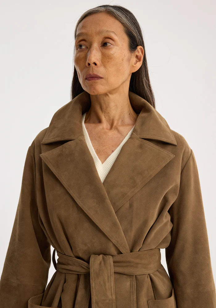 SUEDE BELTED WRAP COAT - ROHE