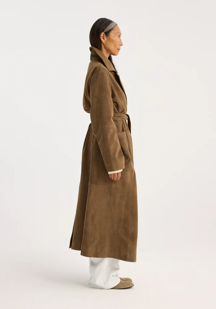 SUEDE BELTED WRAP COAT - ROHE