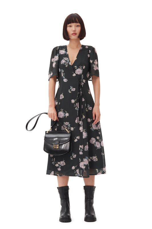 FLUID CREPE WRAP MIDI DRESS IVY - GANNI