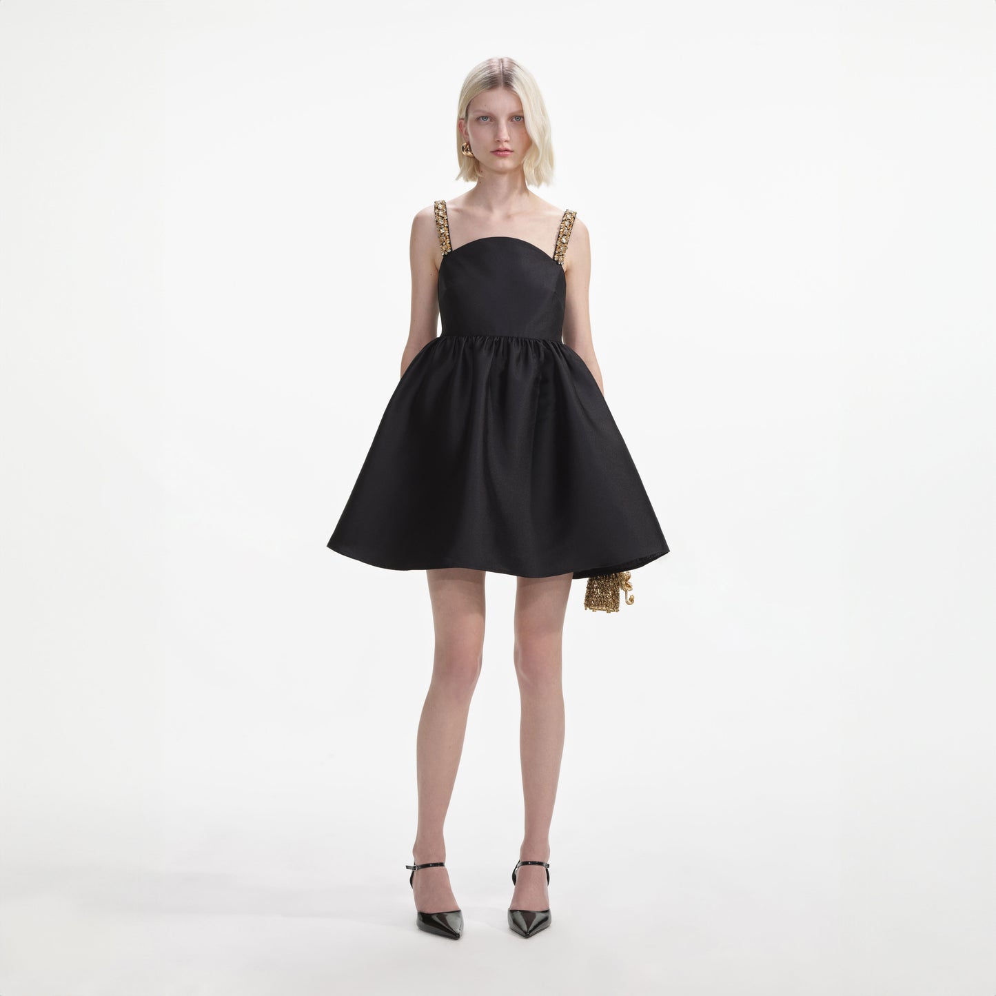 BLACK TAFFETA EMBELLISHED MINI DRESS - SELF-PORTRAIT