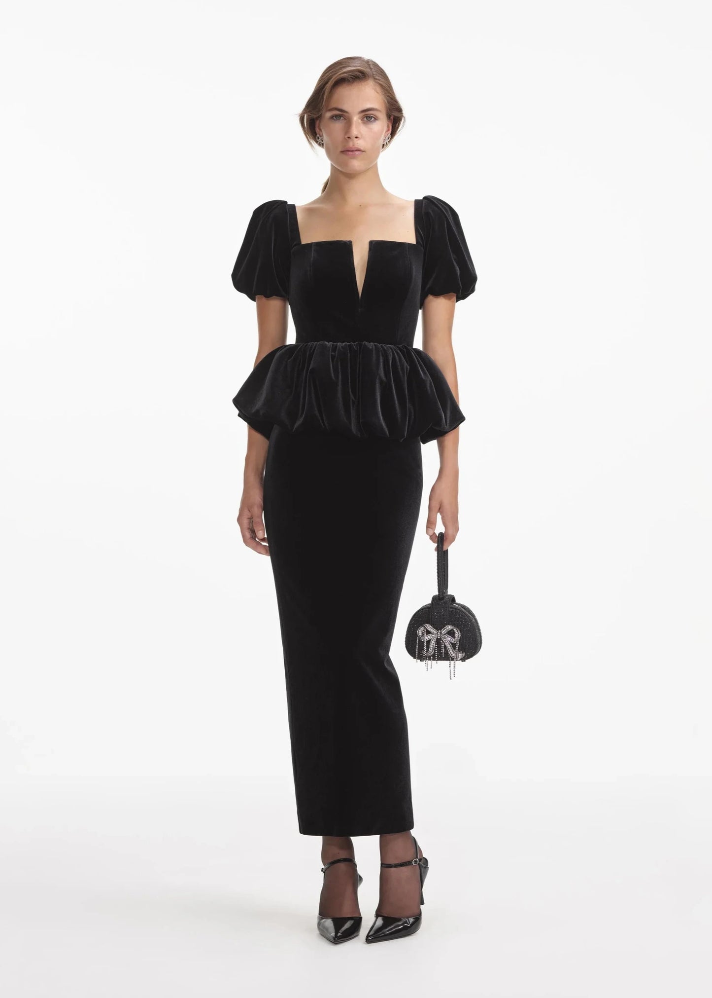 BLACK VELVET PEPLUM MIDI DRESS