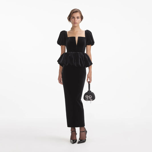 BLACK VELVET PEPLUM MIDI DRESS