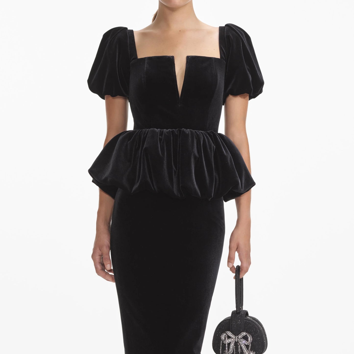 BLACK VELVET PEPLUM MIDI DRESS