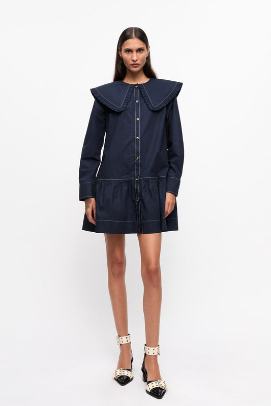 COTTON POPLIN BIG COLLAR MINI SHIRT DRESS - GANNI