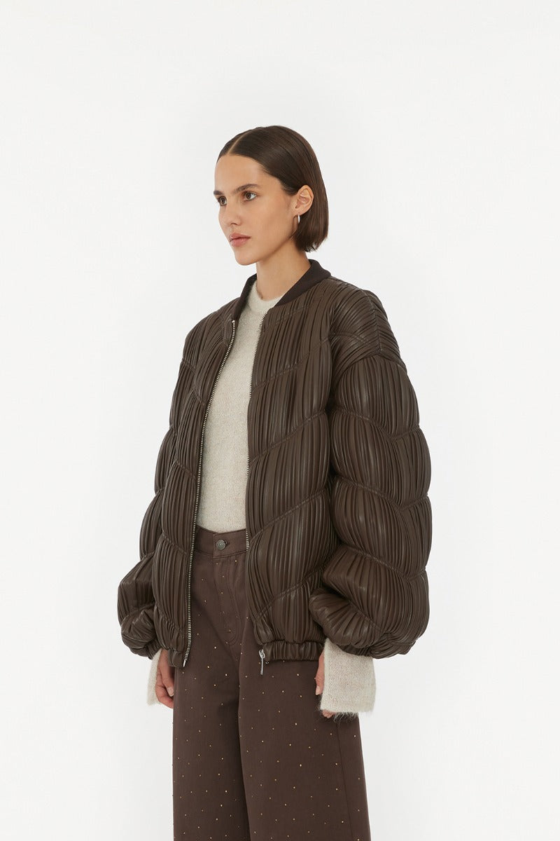 PLEATED BOMBER JACKET CHOCOLATE BROWN - ROTATE