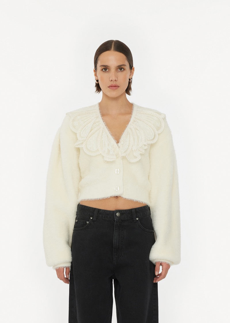 LACE COLLAR KNIT CARDIGAN CREAM - ROTATE