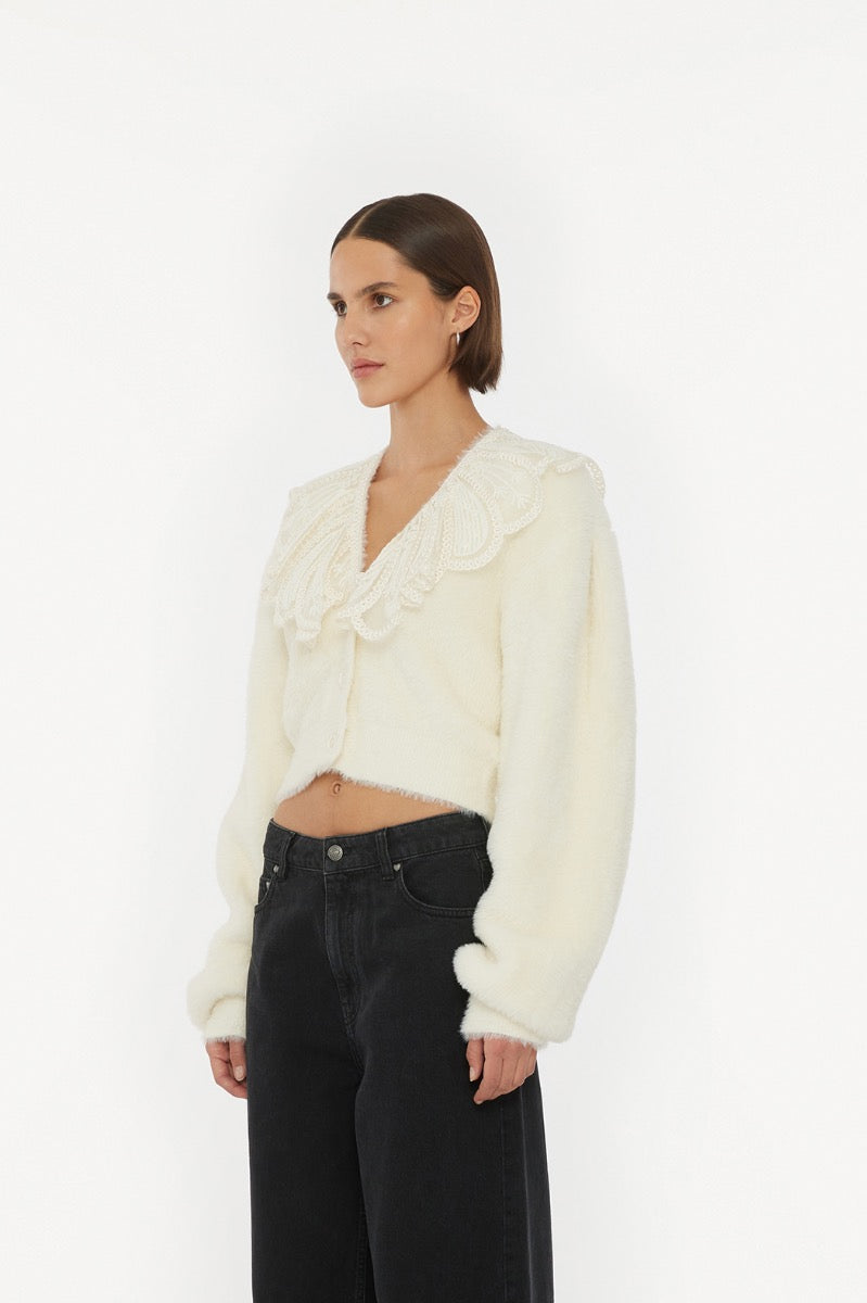 LACE COLLAR KNIT CARDIGAN CREAM - ROTATE