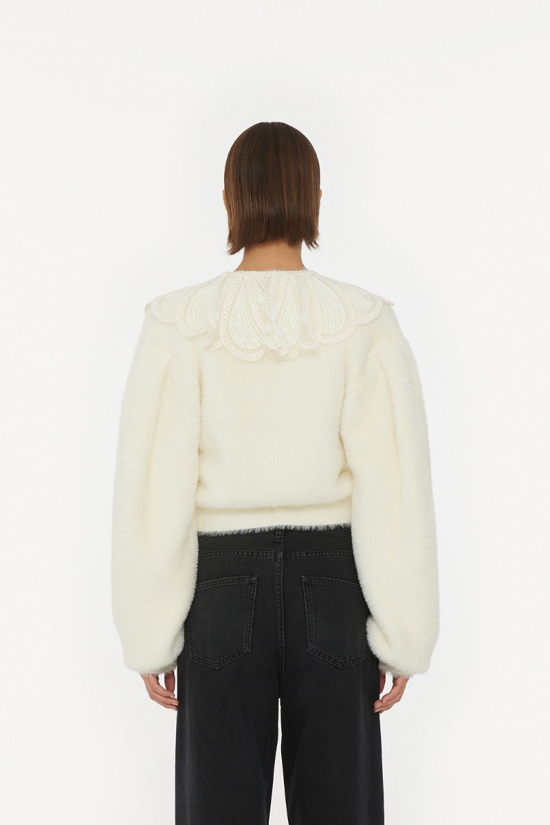 LACE COLLAR KNIT CARDIGAN CREAM - ROTATE