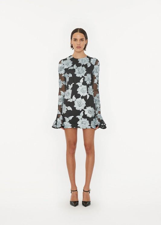 FLOWER MESH LS MINI DRESS GREY PRINT - ROTATE