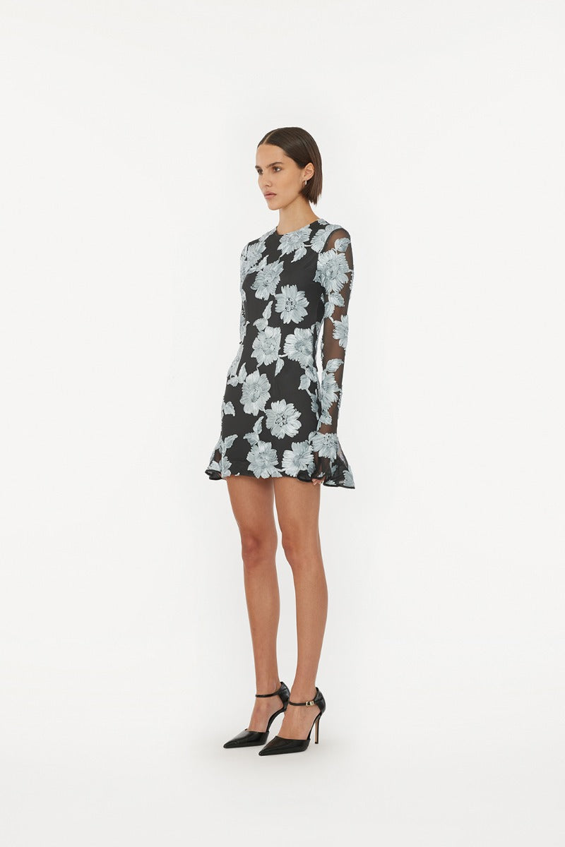 FLOWER MESH LS MINI DRESS GREY PRINT - ROTATE