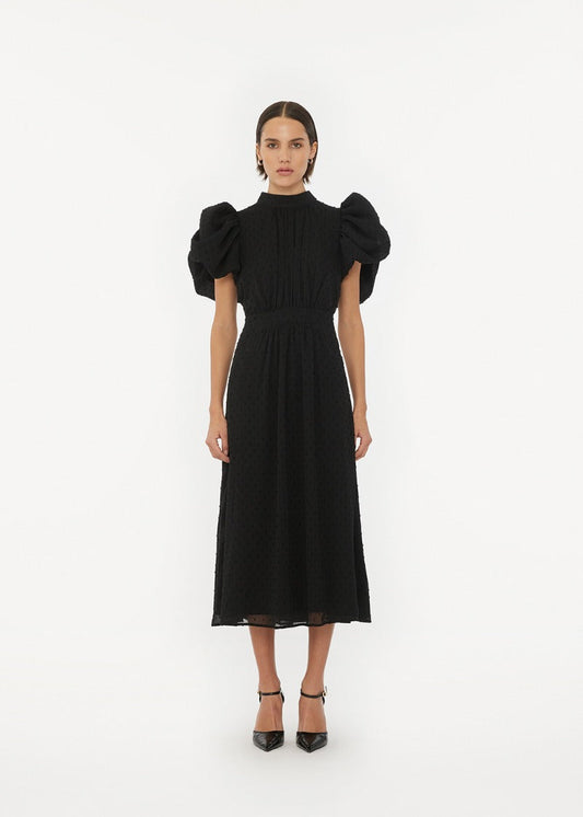 PUFF SLEEVE MIDI DRESS BLACK - ROTATE