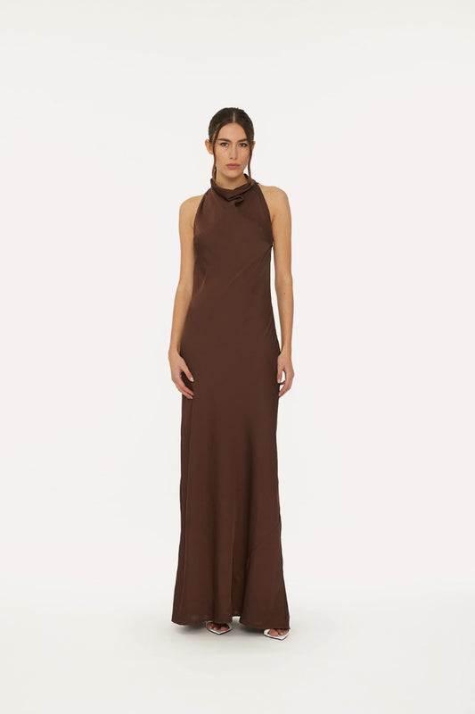 LACE MAXI DRESS COFFEE - ROTATE